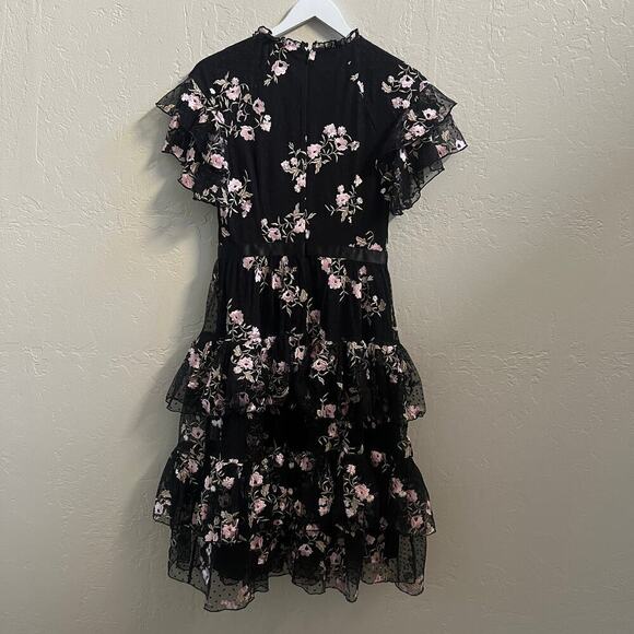 EUC Rachel Parcell Black Floral Embroidered Tiered Mesh Dress - Picture 4 of 5